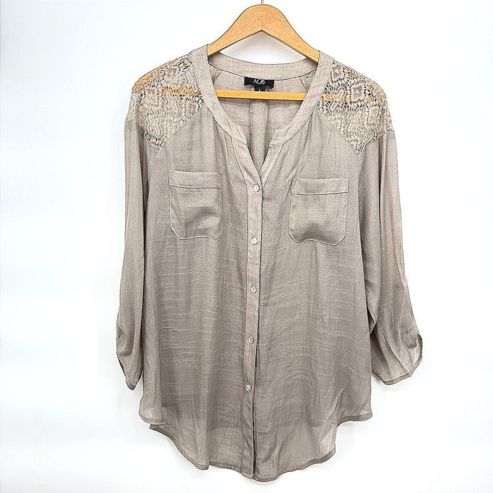 AGB Gauzy Button Up Boho Blouse Lace Shoulder Roll Tab Sleeve Taupe Tan Sz LG